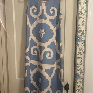 Elegant Blue and Cream Dress NWOT  designer MME. Mink. Sz L, worn once.